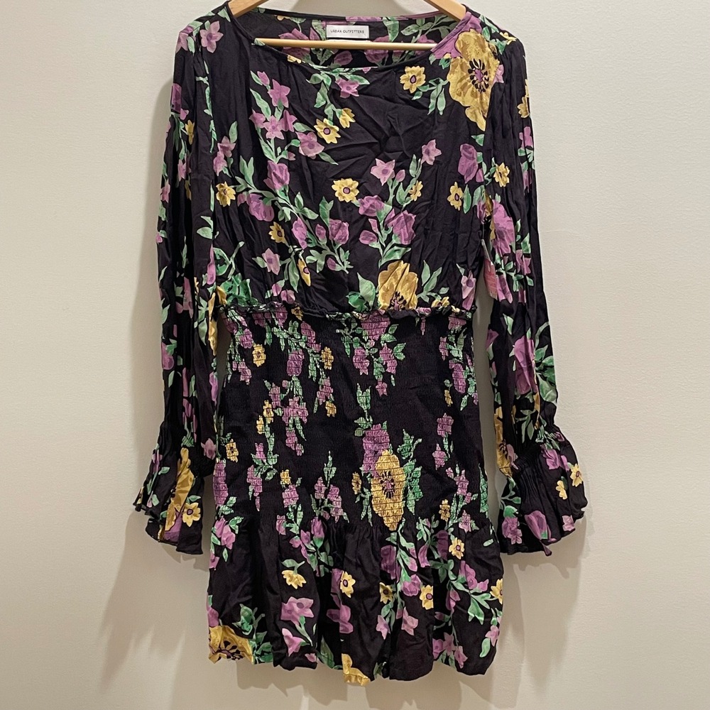 Urban Outfitters Floral Smocked Mini Dress Long Sleeve Black Purple Yellow L
